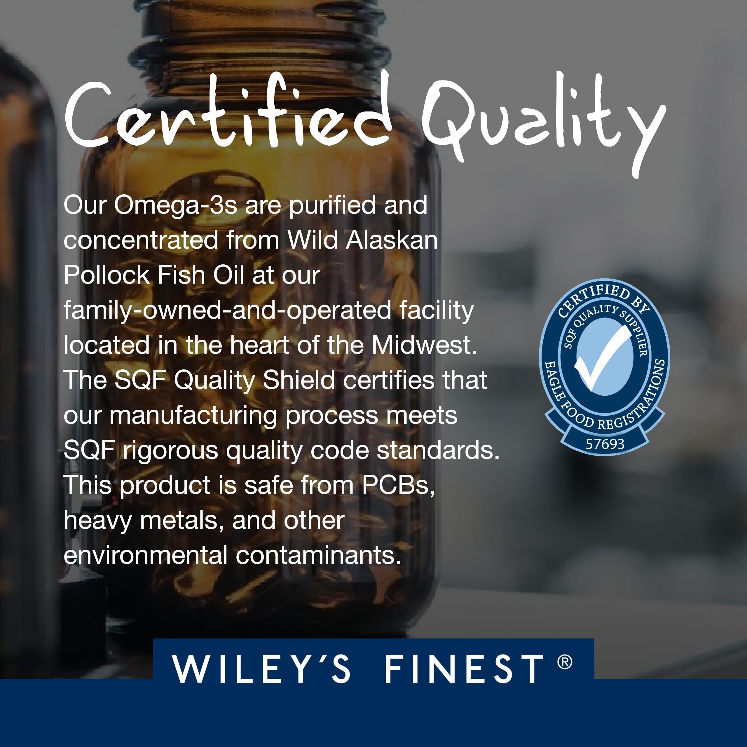 Wiley's Finest Peak EPA softgels brown glass bottle with Certified Quality seal and text about purified Alaskan pollock oil