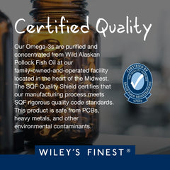 Wiley's Finest Peak EPA softgels brown glass bottle with Certified Quality seal and text about purified Alaskan pollock oil