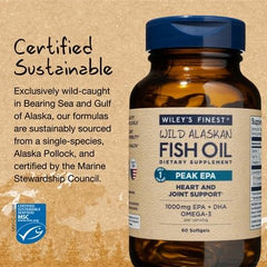 Wiley's Finest Peak EPA softgels Wild Alaskan Fish Oil amber bottle with blue cap 60 softgels MSC certified