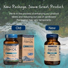 Fish oil softgels bottles showing old and new packaging side by side