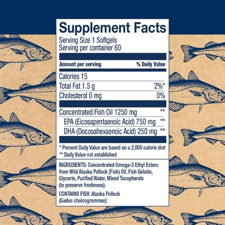 Wiley's Finest Peak EPA softgels supplement facts label showing 1250 mg fish oil with 750 mg EPA and 250 mg DHA