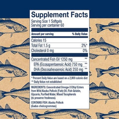 Wiley's Finest Peak EPA softgels supplement facts label showing 1250 mg fish oil with 750 mg EPA and 250 mg DHA