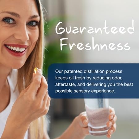 Smiling woman taking a yellow Wiley's Finest Peak EPA softgel with a glass of water and freshness text