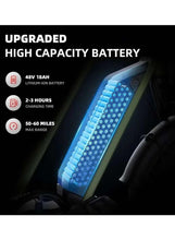 48V 18Ah high-capacity battery close-up with charging and range indicator