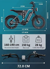 Electric fat tire bike size diagram with dimensions, rider fit, and weight callouts