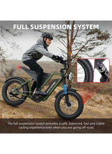 Electric fat tire mountain bike with full suspension, front wheel and rider outdoors