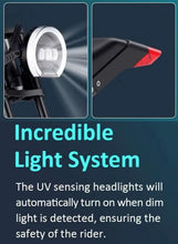 Electric bike headlight detail with automatic UV sensing light system