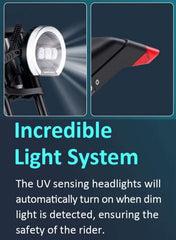 WIND HORSE electric mountain bike 1000w UAE close up of UV sensing headlight and rear taillight on fender