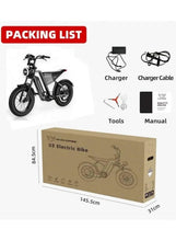 Electric mountain bike packing list showing bike, charger, tools, manual, and box