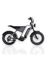 Fat tire electric mountain bike with front suspension and disc brakes, side view