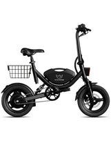 Electric scooter with front basket and black seat on lightweight frame