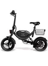 Black electric scooter with front basket, dual suspension, and disc brake wheels