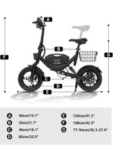 Black electric scooter with front basket, dual suspension, disc brakes, and 14-inch tires