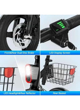 Electric scooter with front dual disc brakes, LED headlight, rear basket, and reflectors
