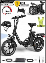Black folding electric bike with front suspension fork and disc brakes, compact wheels