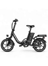 Full side view of black folding electric bike with front suspension and rear cargo rack.