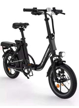 Black folding electric bike with front suspension fork, headlight, and rear seat rack.