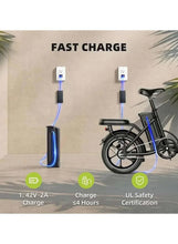 Folding electric bike with fast charging setup, battery charging indicator, and safety icons.