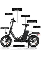 Folding electric bike diagram with LED display, adjustable seat, and front and rear reflectors.