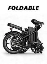 Foldable black electric bike with rear rack and built-in battery pack, side view.