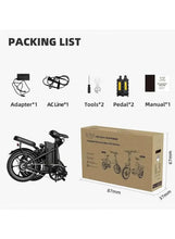 Packed folding electric bike with cardboard box and accessory items shown on labels.