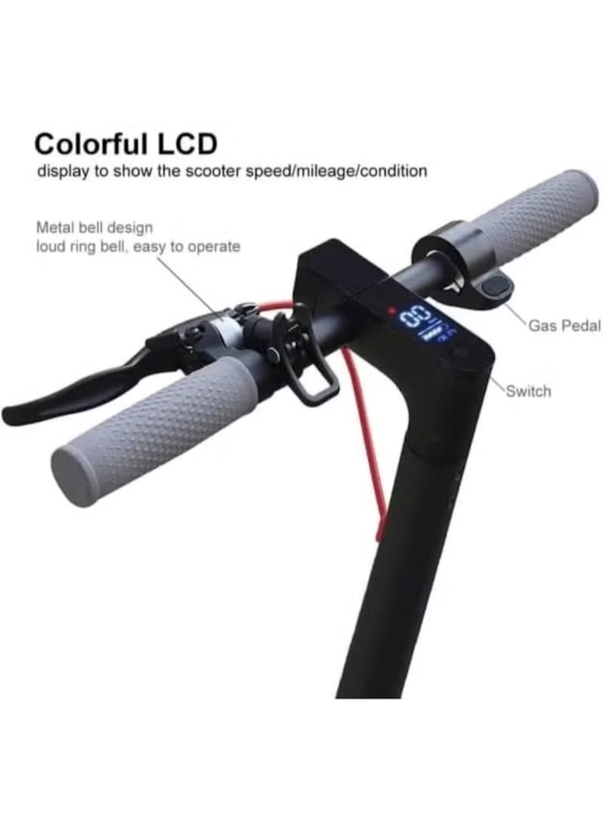 Handlebar of Winner 350W adult commuter scooter with colorful LCD display and metal bell