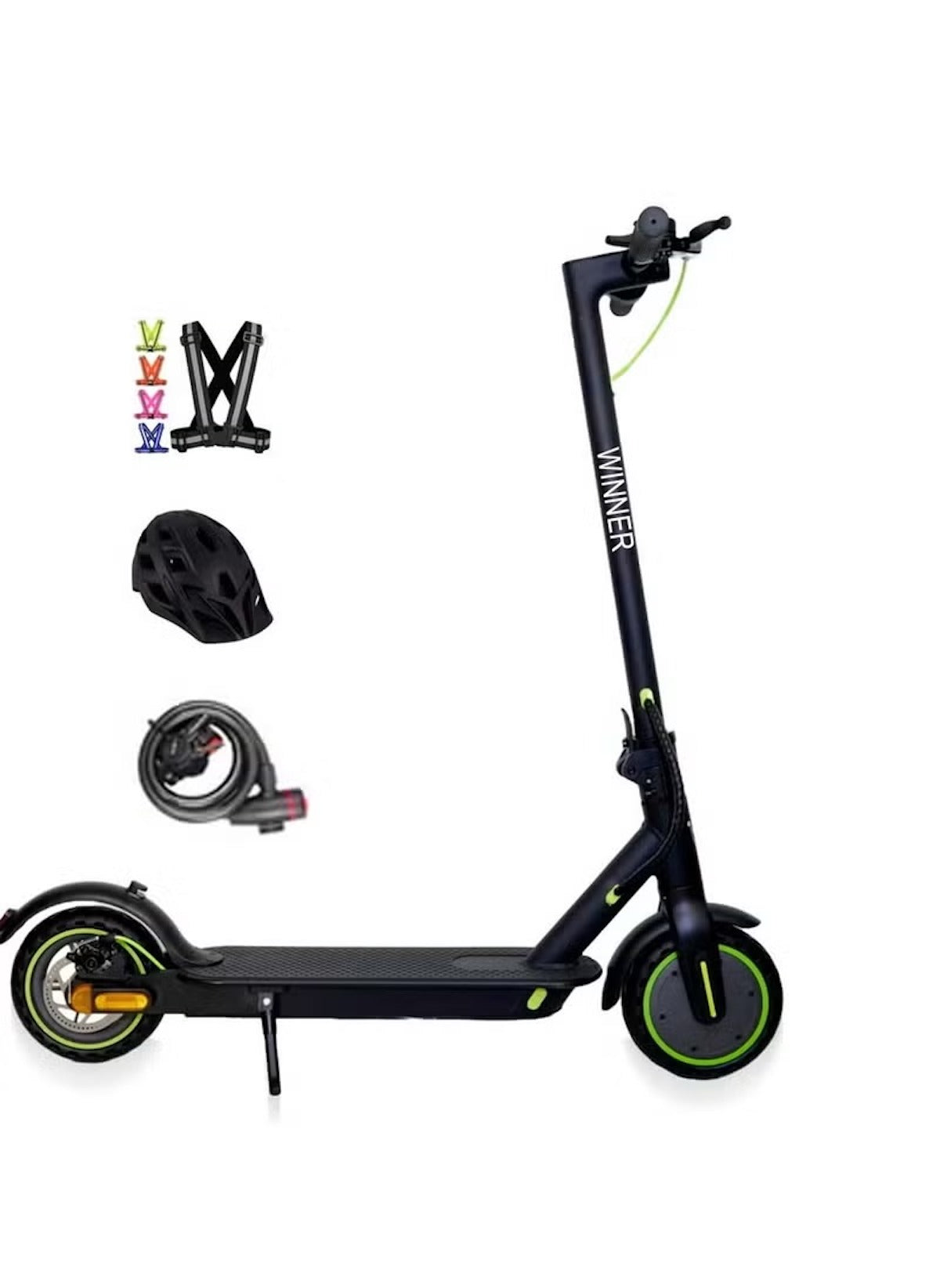 Winner 350W adult commuter scooter in black with green accents including helmet, lock, and colorful handlebar grips