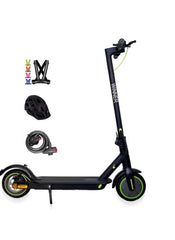 Winner 350W adult commuter scooter in black with green accents including helmet, lock, and colorful handlebar grips
