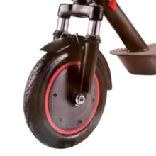 Front wheel of foldable commuter scooter with red rim ring and fork
