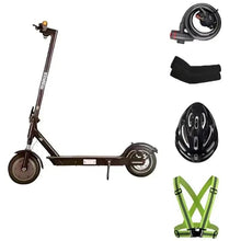 Foldable commuter scooter with helmet, reflective safety harness, cable, and black cover