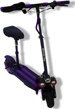 Electric scooter handlebar and seat, purple accents on black frame with dual headlights