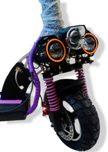 Electric scooter front fork and suspension with purple cables and twin round lights