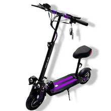 Electric scooter with seat, black deck with purple stripes and front wheel