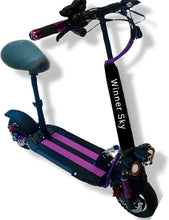 Electric scooter side view with seat, purple deck stripes and black tires