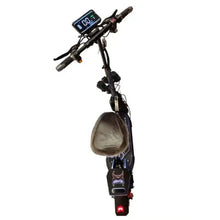 Electric scooter with gray padded seat and black frame, rear red taillight visible