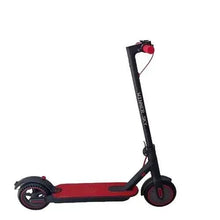 Electric scooter with red deck, black frame, kickstand and rear wheel visible