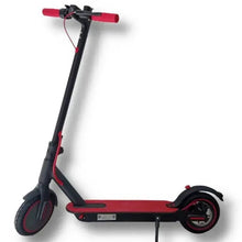 Electric scooter with black frame and red deck, front wheel and handlebars visible