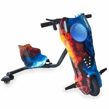 Electric drifting scooter with colorful flame graphic and blue front headlight