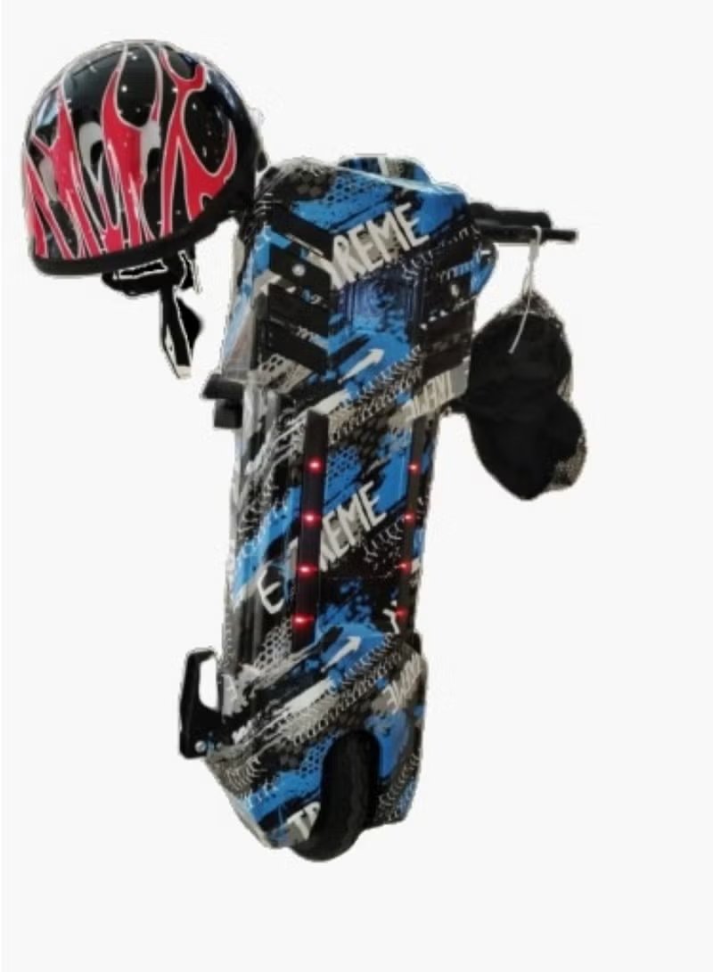 Winner Sky 36V kids electric scooter in blue and black with flame helmet and protective gear
