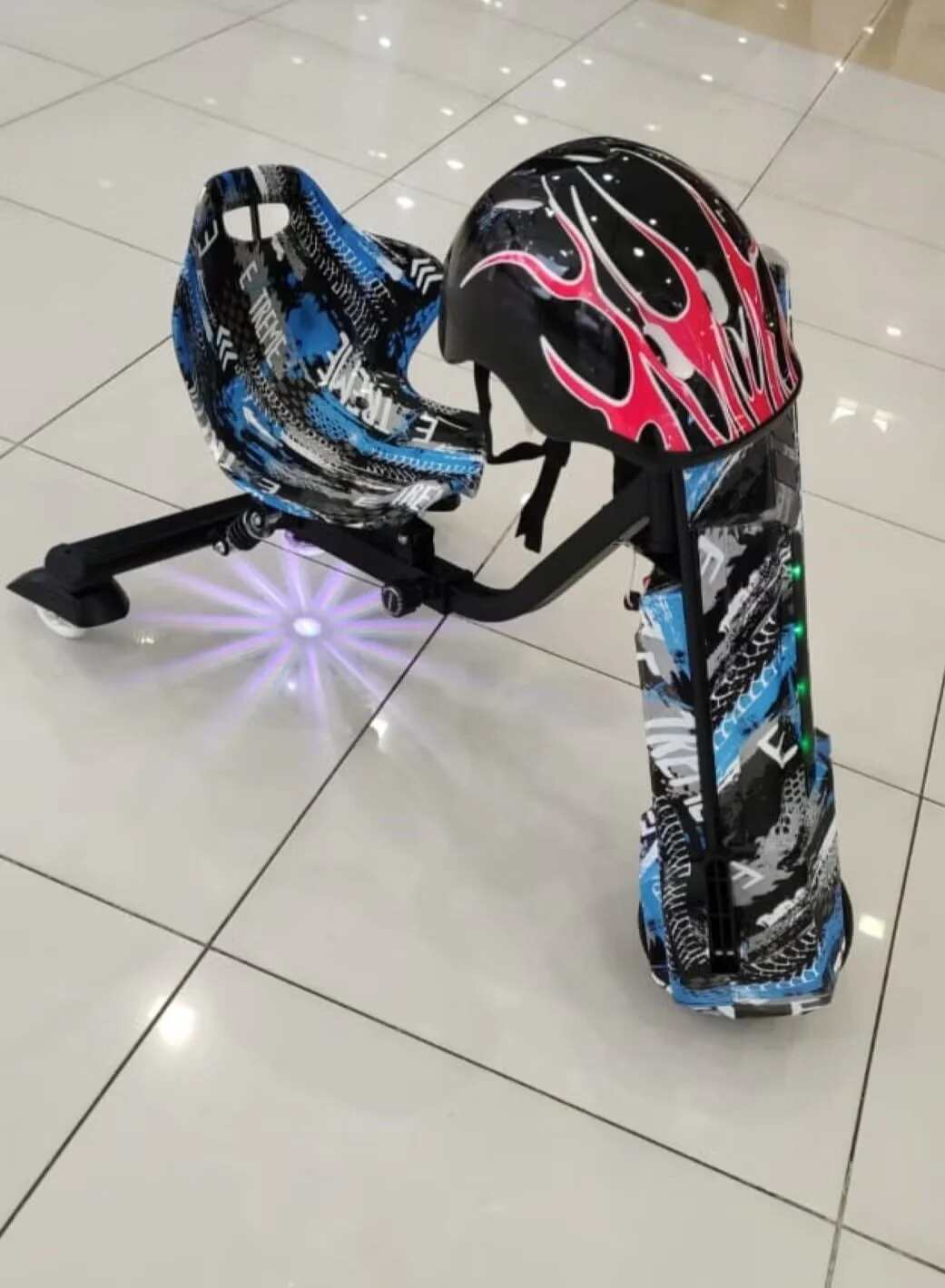 Winner Sky 36V kids electric scooter with blue and black design and a safety helmet with flame pattern