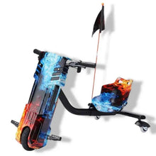 Electric scooter with blue-red graphic body, front light, and curved handlebars
