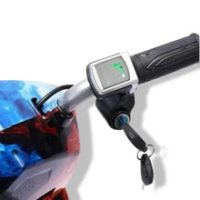 Electric scooter handlebar with digital display showing green lights and brake lever