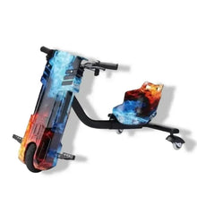 Electric scooter with blue-red graphic deck, front wheel, and rear footrest