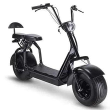 Electric scooter with seat, black frame, round headlight and handlebars in view