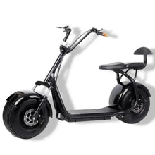 Electric scooter with seat, black and silver frame, front wheel and handlebars visible