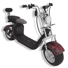 Electric scooter side view with white frame, black seat, and red patterned wheel fender.