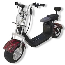 Electric scooter with white frame, black seat, and red patterned front fender.