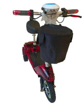 Red patterned 3-wheel electric mobility scooter with black handlebar pouch