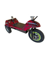 Red patterned 3-wheel electric mobility scooter with side profile and large front wheel