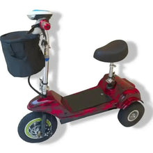 Red 3-wheel electric mobility scooter with black seat and rear storage bag